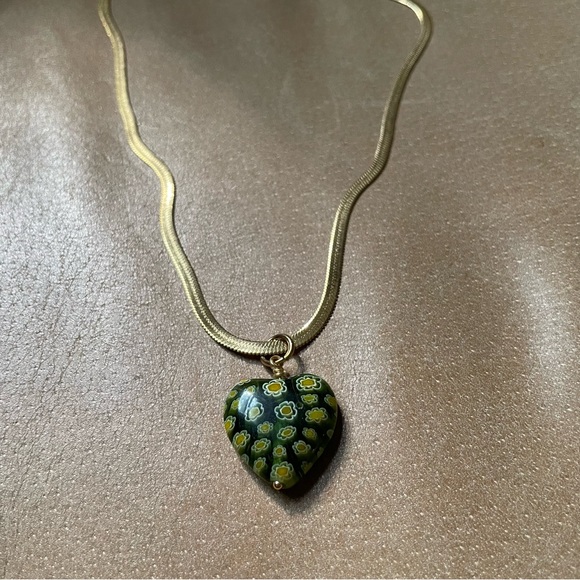 💚Green Heart Italian Millefiori glass bead snake chain herringbone gold plated - Picture 7 of 9